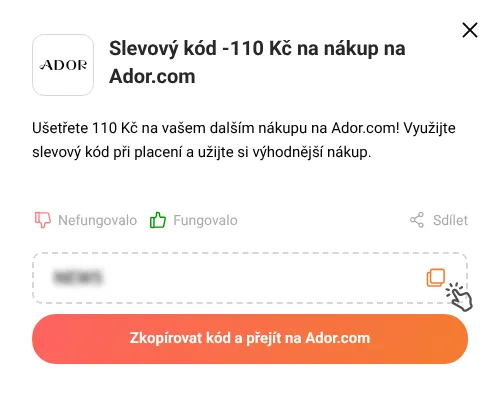 Návod jak zkopírovat slevový kód Ador.com