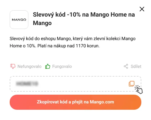 Návod jak zkopírovat slevový kód Mango.com
