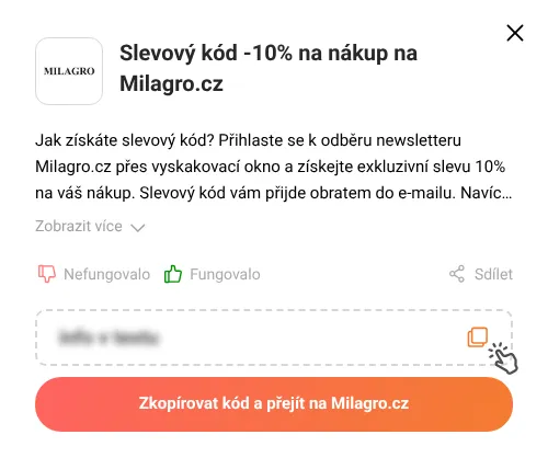 Návod jak zkopírovat slevový kód Milagro.cz