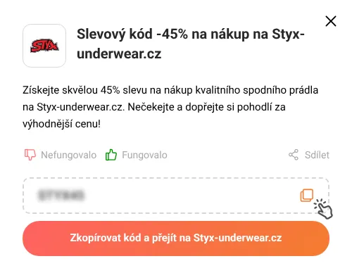 Návod jak zkopírovat slevový kód Styx-underwear.cz