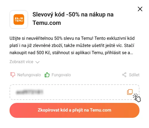 Návod jak zkopírovat slevový kód Temu.com