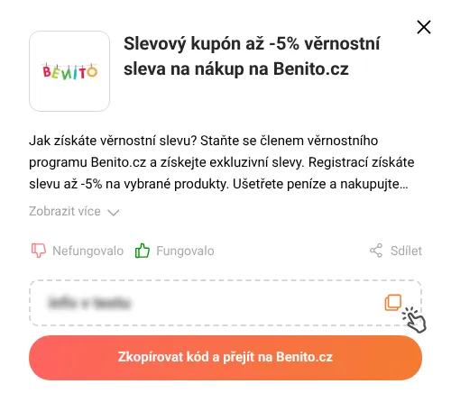 Návod jak zkopírovat slevový kód Benito.cz