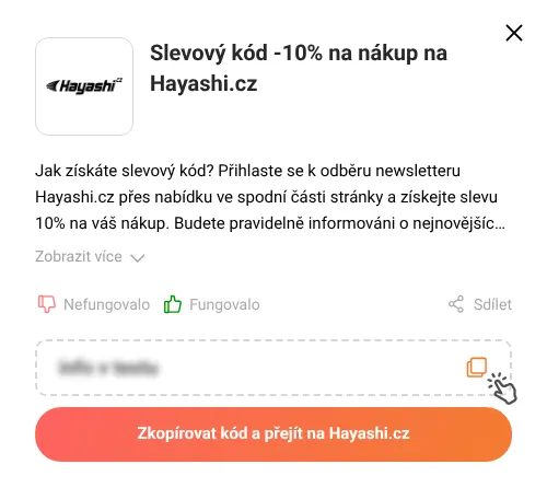 Návod jak zkopírovat slevový kód Hayashi.cz