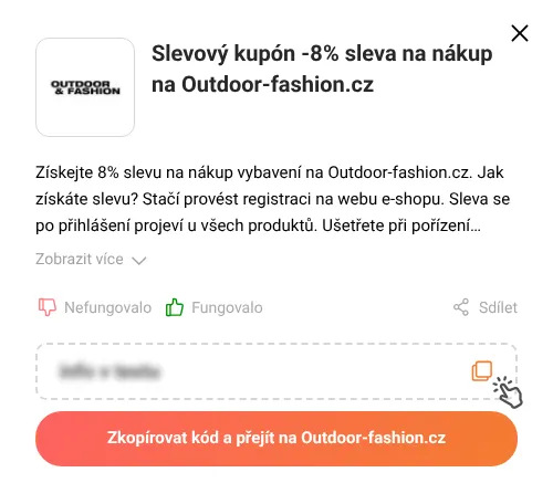 Návod jak zkopírovat slevový kód Outdoor-fashion.cz