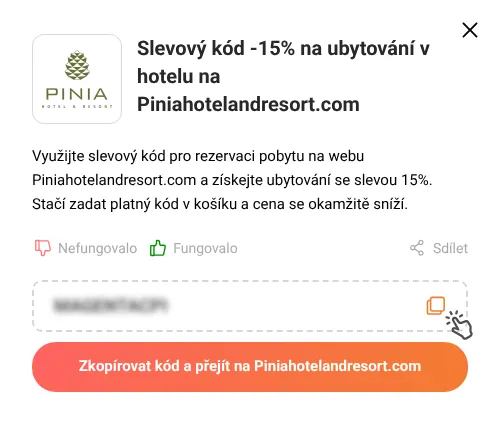 Návod jak zkopírovat slevový kód Piniahotelandresort.com